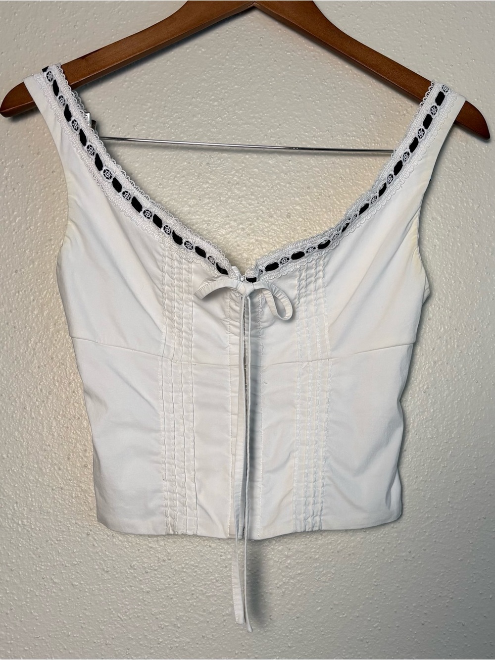 White Lace-Trim Corset Style Tie-Front w/Metal Clasps Tank Top